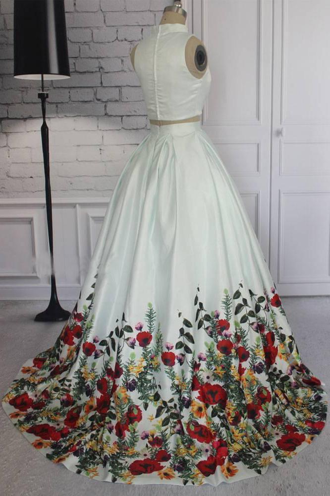 Simple Two Pieces Ivory Floral Print High Neck Sleeveless Prom Dresses Evening Dresses P1012