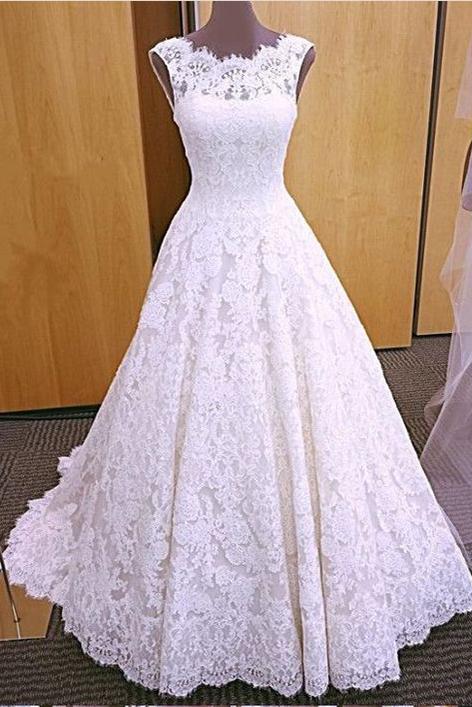 Chic Romantic Open Back A line Short Train Lace Ivory Long Wedding Dresses WK149