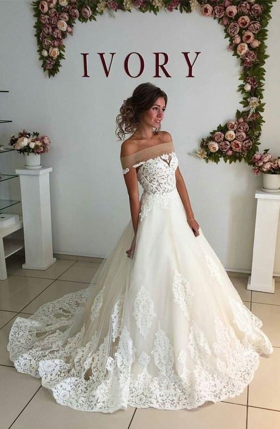 Affordable Lace Unique Off the Shoulder Online Charming Long Tulle Wedding Dress WK279