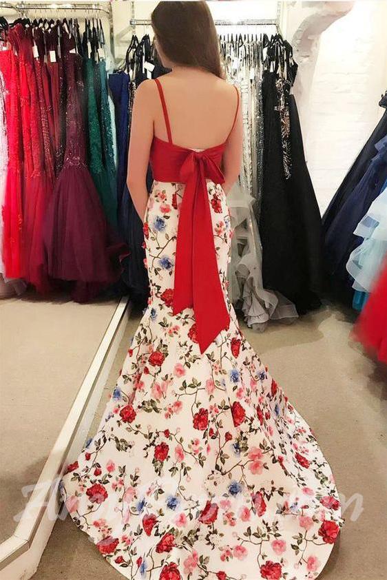 Elegant Two Pieces Mermaid Red Floral Bowknot Sweetheart Spaghetti Straps Prom Dresses WK267