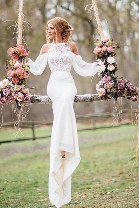 Affordable Unique Design Lace Top Long Sleeves Mermaid Long Wedding Dress WK261