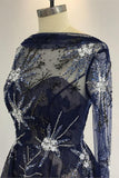 A Line Navy Blue Long Sleeve Beads Open Back Tulle Short Prom Dress Homecoming Dress WK753