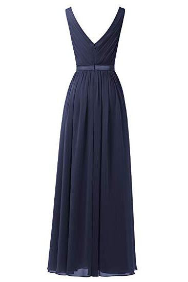 A Line V Neck Chiffon Navy Blue Long Sleeveless Ruffles Floor Length Prom Dresses WK337