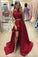 A Line Red Two Piece Satin Scoop Neck A-line Sweep Train Split Front Prom Dresses WK623