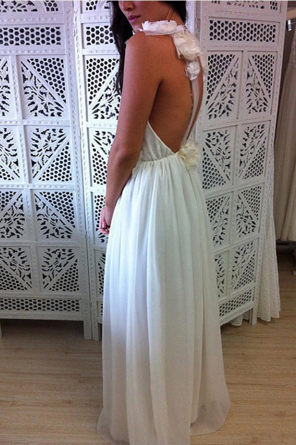 A-Line V-Neck Floor Length Backless Chiffon Tulle Wedding Dress with Handmade Flower WK640