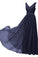 A Line V Neck Chiffon Navy Blue Long Sleeveless Ruffles Floor Length Prom Dresses WK337