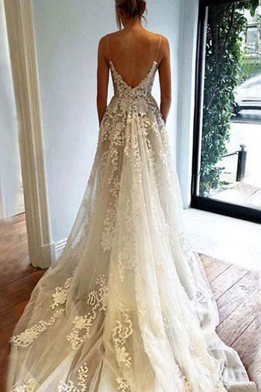 A Line Spaghetti Straps Deep V Neck Ivory with Pockets Tulle Open Back Wedding Dresses WK110