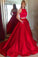 Cheap A Line Two Piece Long Red Satin Halter Sleeveless Prom Dresses with Pockets WK129