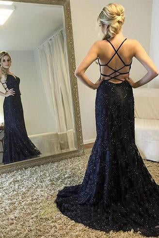 Spaghetti Straps V-Neck Black Mermaid Sparkly Sexy Beads Tulle Unique Prom Dresses WK400