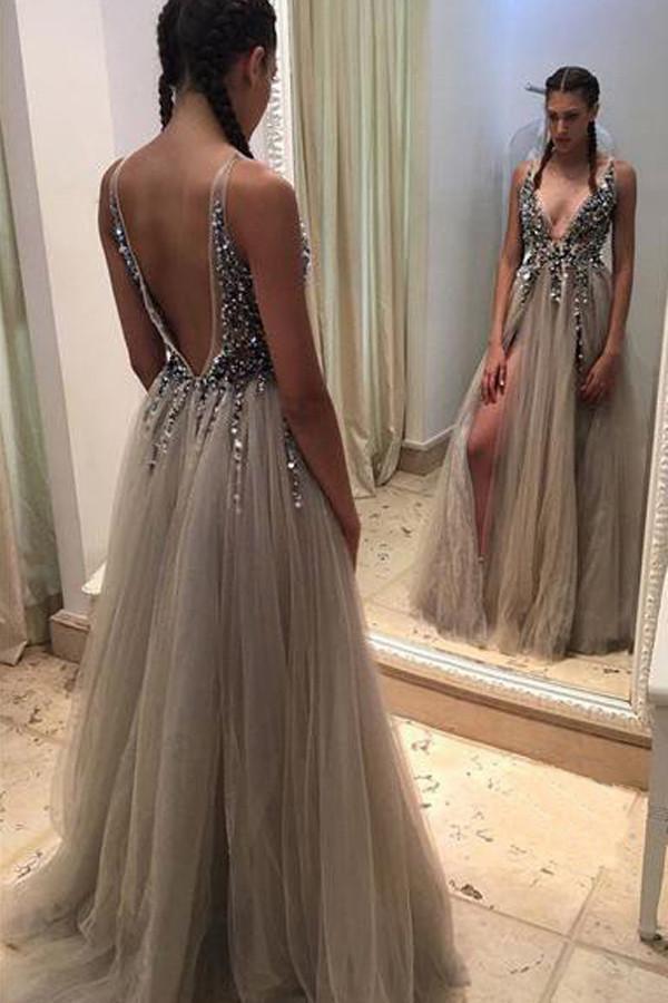 Grey Backless A-Line Deep V-neck Split-Front Sleeveless Sweep Train Prom Dresses with Beads WK254