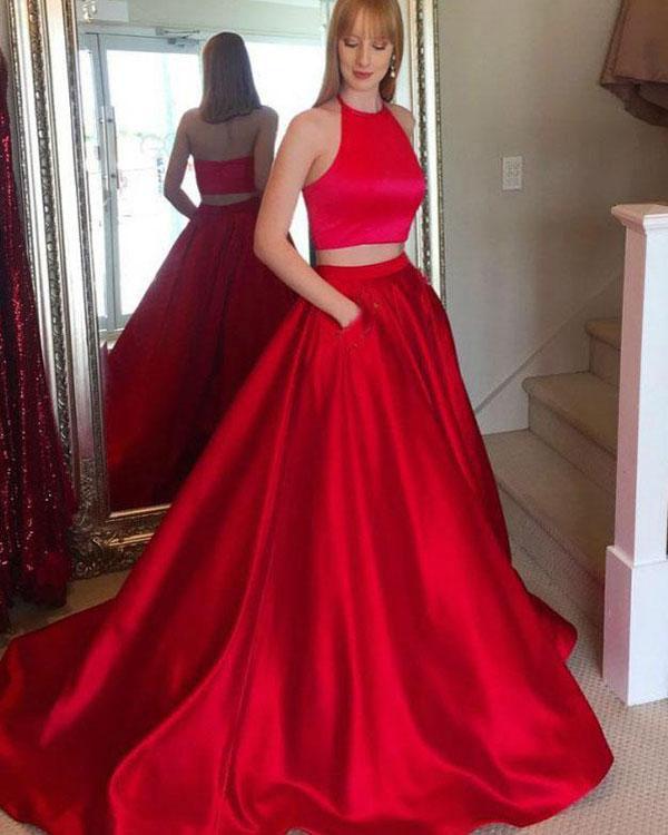 Cheap A Line Two Piece Long Red Satin Halter Sleeveless Prom Dresses with Pockets WK129