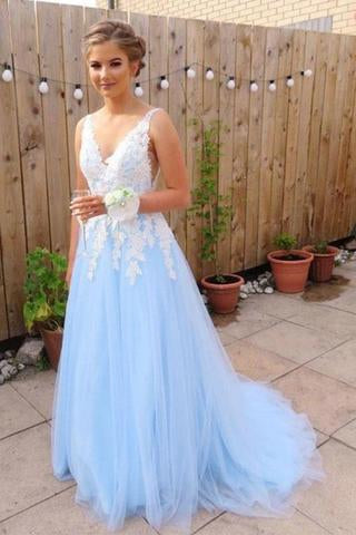 Elegant Blue Chiffon A line V Neck V Back Tulle Lace Long Prom Dresses Evening Dress WK270