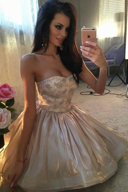 A-Line Sweetheart Cute Short Prom Dress Organza Above Knee Homecoming Dress with Lace WK708