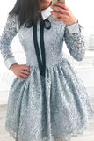 A-Line Crew Long Sleeves Above Knee Grey Lace Short Homecoming Dresses WK19