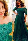 A-line Off-the-Shoulder Floor-Length Tulle with Appliques Lace Half Sleeve Prom Dresses WK623
