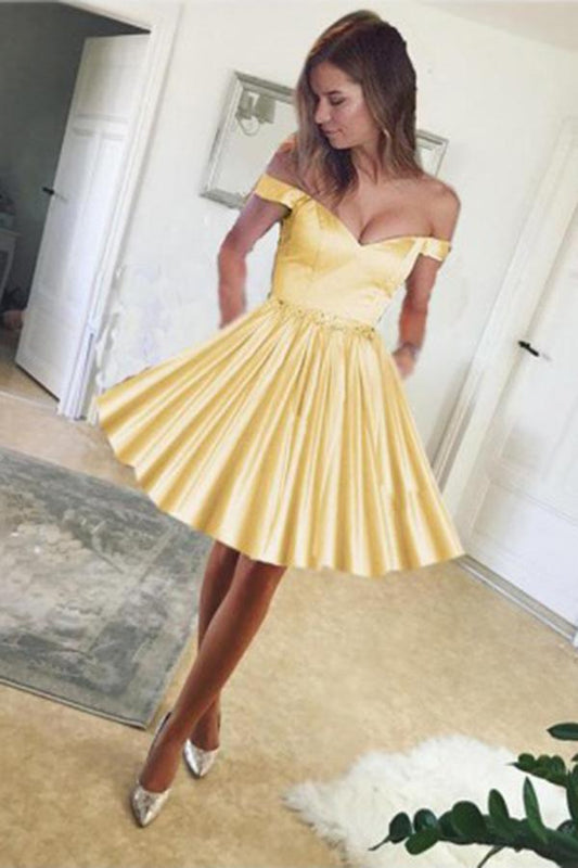 Cute A Line Yellow Off the Shoulder Sweetheart Satin with Pockets Homecoming Dresses WK720