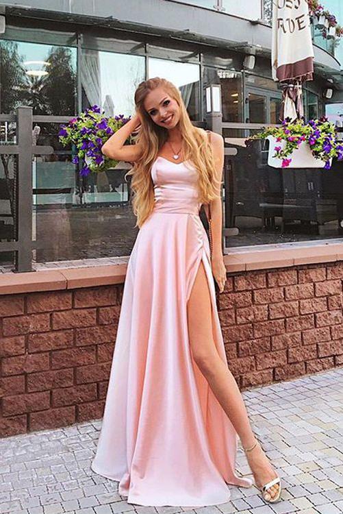 Elegant A Line Sweetheart Spaghetti Straps Chiffon Slit Pink Long Prom Dresses WK108
