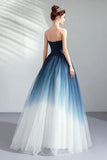 Ombre Strapless A Line Long Prom Dress Blue Ombre Graduation Dress with Lace Up Back WK875