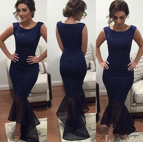 New Arrival Navy Blue Long Chiffon Square Mermaid Prom Gowns Plus Size Women Gown WK108