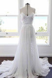 A-line Spaghetti Strap White Lace Chiffon Sweetheart Backless Beach Wedding Dresses WK881