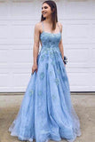 Blue Lace Tulle Spaghetti Straps Long Prom Dress Evening Dress With Lace Applique WK676
