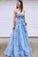 Blue Lace Tulle Spaghetti Straps Long Prom Dress Evening Dress With Lace Applique WK676