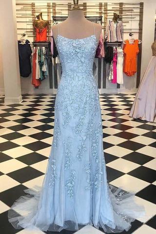 Blue Lace Applique Mermaid Sexy Cheap Long Prom Dress WK732