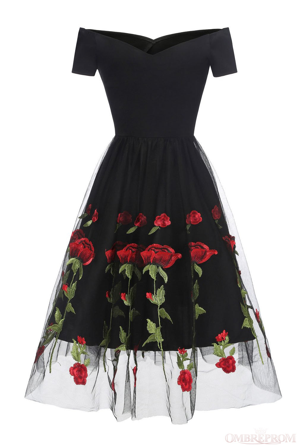 Classic Black Off the Shoulder Lace Embroidery Floral Party Dresses