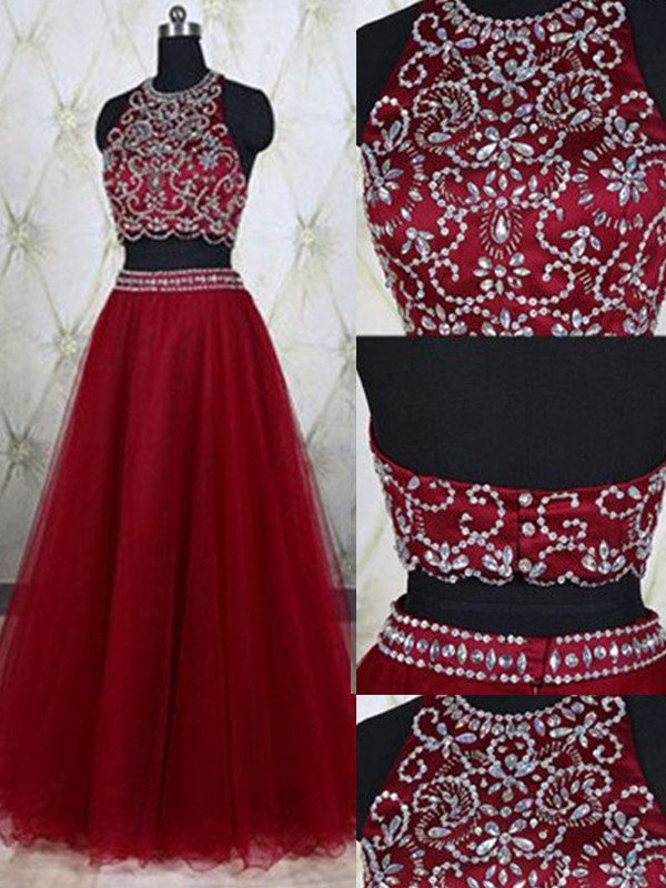 Two Piece Halter Burgundy Sleeveless Prom Dresses Sparkle Formal Dress For Teens WK937