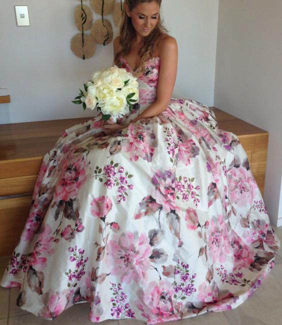 Ball Gown Printed Satin Sweetheart Spaghetti Straps Sleeveless Prom Dress Wedding Dress WK684