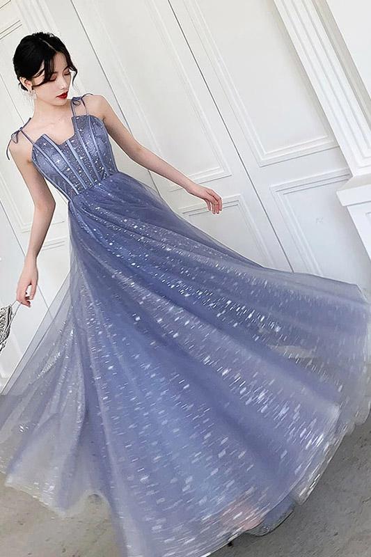 Unique Sparkle Straps Floor Length Tulle Prom Dress A Line Sleeveless Evening Dresses WK980