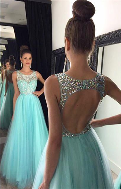 Light Blue Crystal Long A-Line Prom Dress Halter Prom Dress Open Back Prom Dress WK121