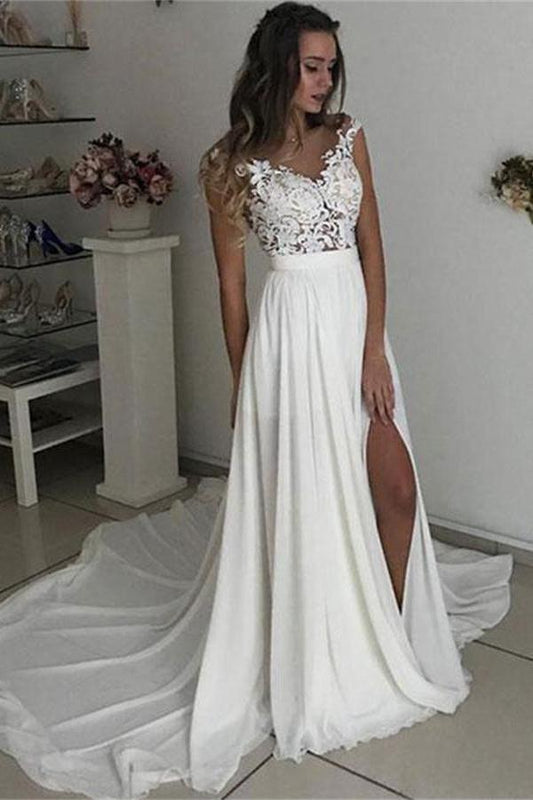 Formal Long Ivory Lace Chiffon Side Slit Cap Sleeve Cheap Beach Wedding Dresses WK107