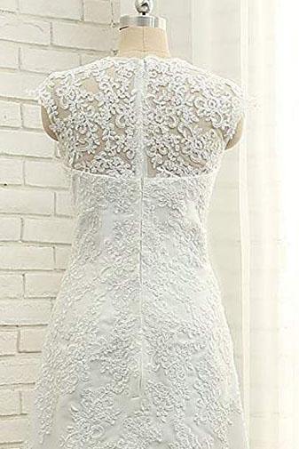A Line V Neck Vintage High Low Capped Sleeves Lace Appliques Wedding Dresses WK332