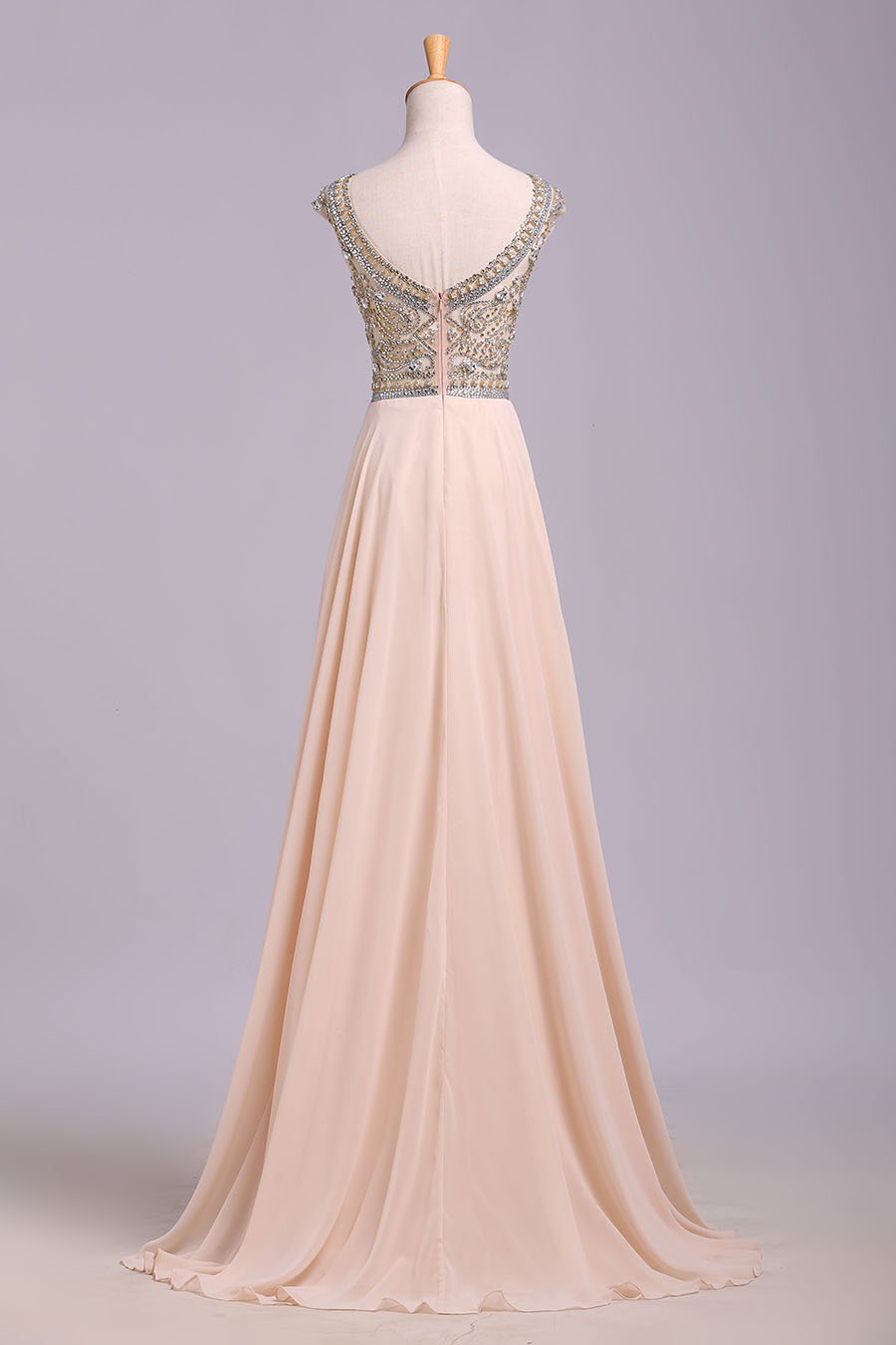 Blush Pink Cap Sleeve Chiffon Beads Round Neck Open Back Long Prom Dresses WK174