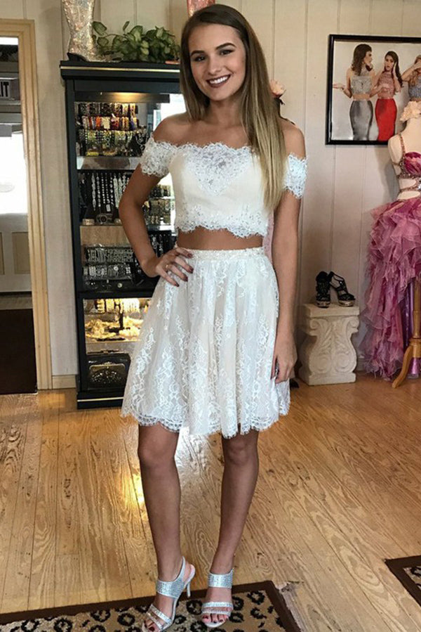 Off-the-Shoulder With Lace Appliques Two Piece Homecoming Dresses