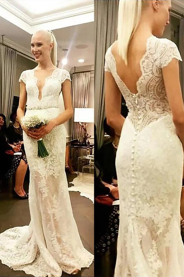 Chic Deep V Neck Short Sleeves Lace Applqiues Wedding Dresses