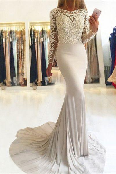 Elegant Mermaid Long Sleeve Scoop Lace Prom Dresses, Long Evening Dresses PW746