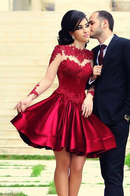 Short Ball Gown High Neckline with Long Sleeves Lace Dark Wine Red Backless Lace Prom Dress WK24