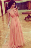 Cheap A line Sleeveless High Neck Open Back Cap Sleeve Chiffon Coral Prom Dresses WK827