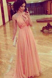 Cheap A line Sleeveless High Neck Open Back Cap Sleeve Chiffon Coral Prom Dresses WK827