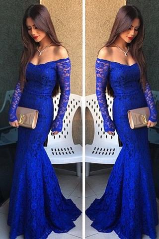 Royal Blue Lace Long Sleeves Sexy Prom Dresses for Teens WK389