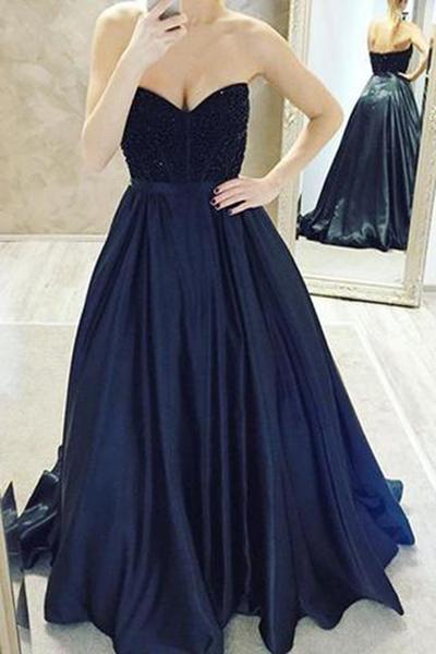 Dark Navy Ball Gown Sweetheart Spaghetti Straps Long Cheap Open Back Evening Dresses WK86