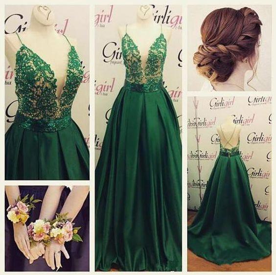 High Quality V-Neck Spaghetti Strap Backless Sexy Green Long Sparkle Prom Dresses WK148