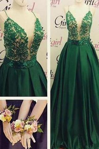 High Quality V-Neck Spaghetti Strap Backless Sexy Green Long Sparkle Prom Dresses WK148