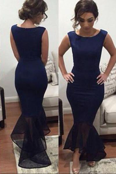 New Arrival Navy Blue Long Chiffon Square Mermaid Prom Gowns Plus Size Women Gown WK108