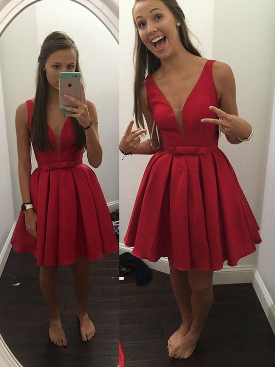 A-line Knee-Length V-neck Satin Red/Blue Ribbon Homecoming Dress WK457