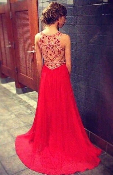 Gorgeous Red High Neck Sleeveless A-Line Beaded Bodice Chiffon Long Prom Dresses WK828