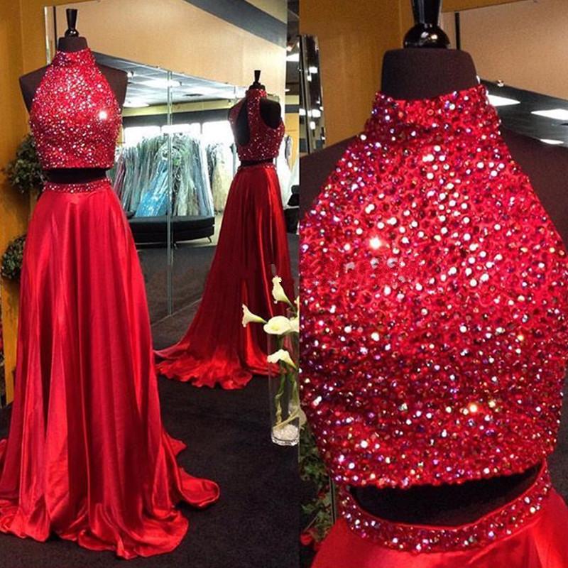 Burgundy Two Piece Beading Halter Open Back Carpet Long With Slit Prom Dresses WK152