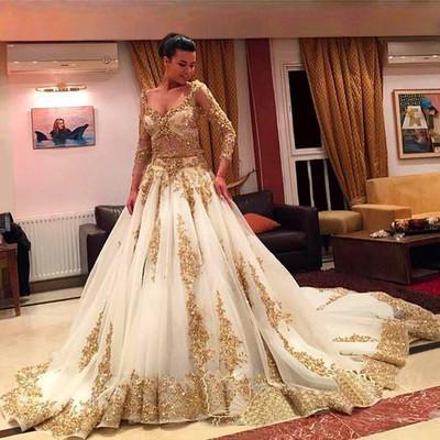 Gold Lace Long Sleeves V-Neck Beading Chapel Train Ball Gown Wedding Dresses F292